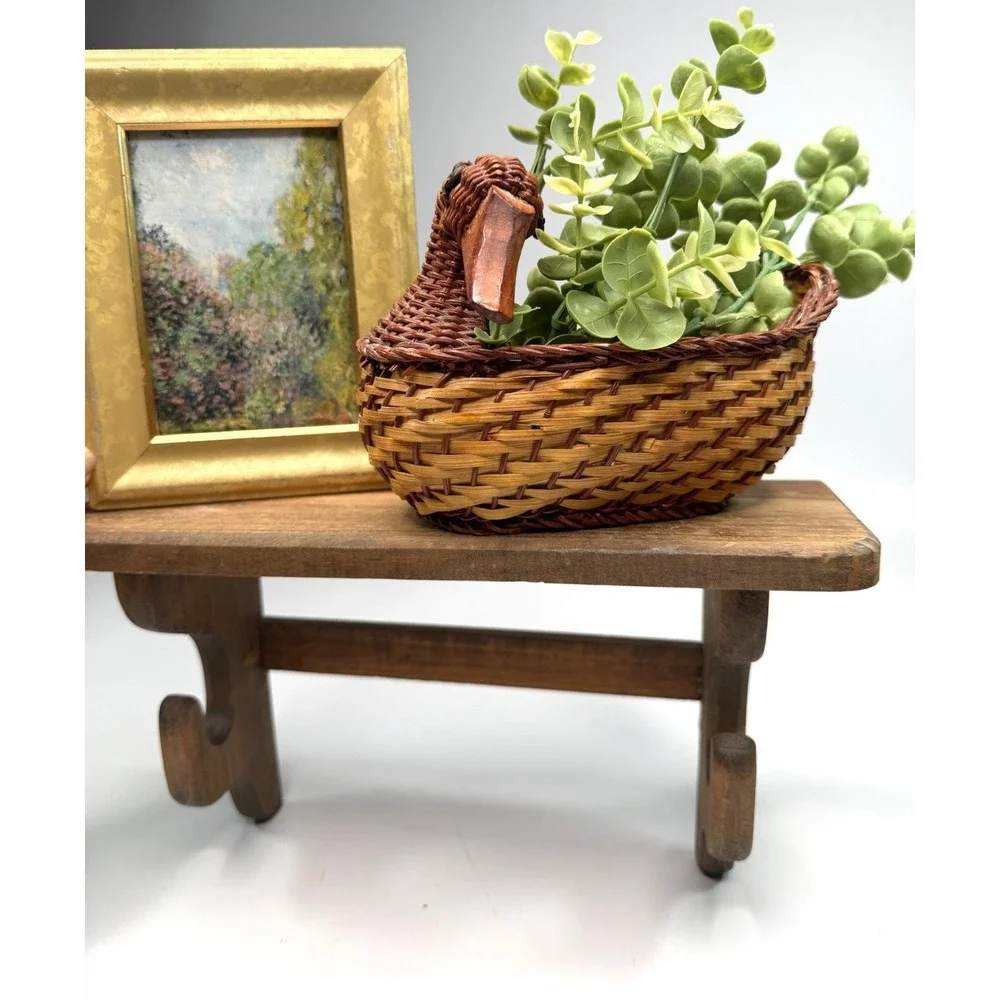 Vintage Cottage Decor Set Wooden Stand Duck Basket Faux Greenery Framed Art